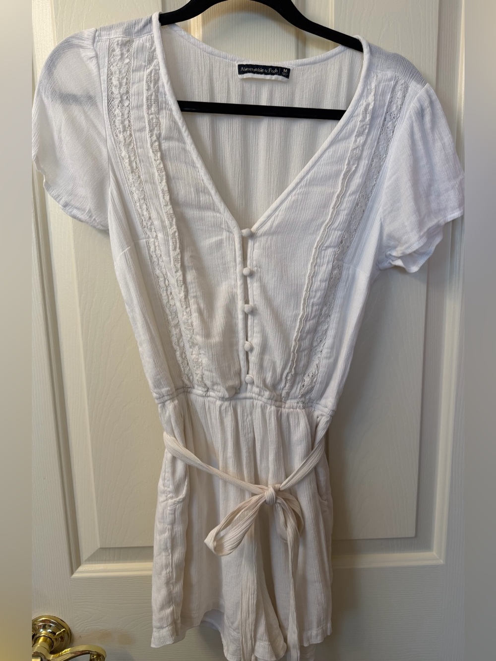 Abercrombie & Fitch White Short Sleeve Romper with Tie Waist